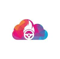 Fire driver cloud shape concept logo vector design template. Car steering wheel burning fire logo icon vector illustration design