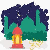 vector editable de estilo de trazos de pincel de linterna árabe y silueta de mezquita en escena nocturna con luna creciente en el cielo para ilustración de ramadan kareem