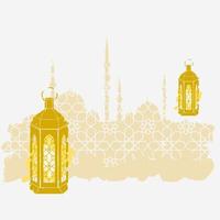 Editable Vector of Brush Strokes Style Arabian Lantern in Front of Geometric Patterned Mosque Silhouette for Eid Al-Fitr Illustration