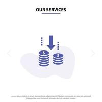 Our Services Money Transfer Fund Analysis Solid Glyph Icon Web card Template vector