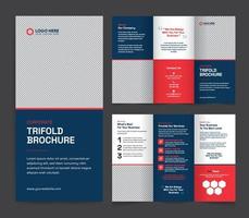 plantilla de folleto corporativo tríptico. diseño de vector de folleto tríptico moderno, creativo y profesional. diseño simple y minimalista con colores azul y rojo. folleto tríptico de negocios corporativos.