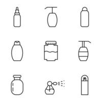 Collection of isolated vector line icons for web sites, adverts, articles, stores, shops. Editable strokes. Signs of bottles of perfume, liquid soap, foam, shampoo, shower gel