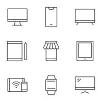 Collection of isolated vector line icons for web sites, adverts, articles, stores, shops. Editable strokes. Signs of computer, smartphone, tablet, store, tv set, wristwatch