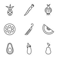 colección de iconos de línea vectorial aislados para sitios web, anuncios, artículos, tiendas, tiendas. trazos editables. signos de piña, zanahoria, cebolla, cítricos, guisantes, sandía, aguacate vector