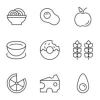 colección de iconos de línea vectorial aislados para sitios web, anuncios, artículos, tiendas, tiendas. trazos editables. signos de fideos, tortilla, manzana, tazón, rosquilla, trigo, cítricos, queso, aguacate vector