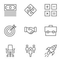 Collection of isolated vector line icons for web sites, adverts, articles, stores, shops. Editable strokes. Signs of money, puzzle, calculator, target, handshaking, suitcase, office chair