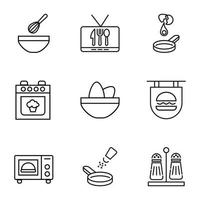 Collection of isolated vector line icons for web sites, adverts, articles, stores, shops. Editable strokes. Signs of mixer, culinary show, omelet, cake, eggs, burger, microwave