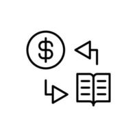 Simple vector isolated pictogram drawn with black thin line. Editable stroke for web sites, adverts, stores, shops. Vector line icon of dollar and book exchange