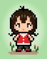 Personaje femenino de 8 bits de píxeles. chica de dibujos animados de anime en ilustraciones vectoriales para activos de juegos o patrones de punto de cruz. vector