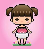 Píxel de 8 bits, lindo personaje de niña. chica de dibujos animados de anime en ilustraciones vectoriales para activos de juegos o patrones de costura cruzada. vector