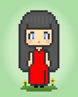 8 bit pixel cute girl wears traditional Chinese cheongsam clothes. Cartoon women in vector illustrations.