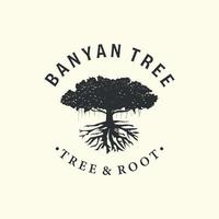 banyan tree with vintage style logo vector design illustration, oak tree icon design