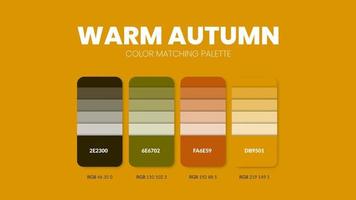 Warm Autumn color guide book cards samples. Color theme palettes or color schemes collection. Colour combinations in RGB or HEX. Set of trend color swatch cataloque inspiration for fashion or design. vector