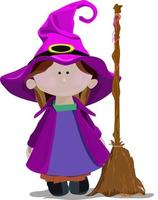 illustration of a little witch, with a purple magic hat, and a broomstick vector