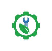 diseño de logotipo de engranaje combinado con llave inglesa y hojas. diseño de logotipo de naturaleza de hoja de servicio de reparación. vector
