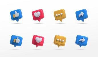 conjunto de iconos de redes sociales pulgares, comentar, compartir y amar el estilo 3d vector