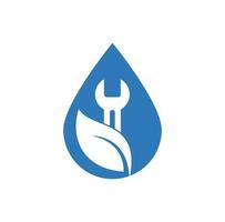 Wrench leaf drop shape vector logo design template. Repair service leaf nature logo design.