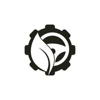 Eco steering wheel gear shape vector logo design. Steering wheel and eco symbol or icon