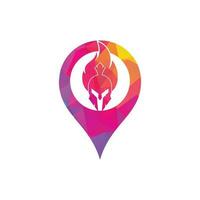 Spartan fire gps shape concept logo design vector. spartan helmet logo on fire vector