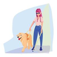 niña ciega paseando con un perro guía. vector aislado sobre fondo blanco.