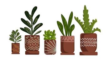 plantas caseras en maceta. plantas de interior aisladas. estilo hygge de moda, decoración de jungla urbana. dibujado a mano. establecer la colección. impresión, cartel, pancarta. vector