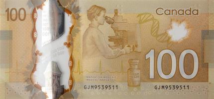Discovery of insulin into diabetes treatment from Canada 100 Dollars 2011 Polymer Banknotes photo