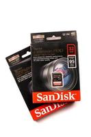 KHARKOV, UKRAINE - JANUARY 12, 2021 SanDisk Extreme pro sdhc 32gb new memory card for photo and video recording devices