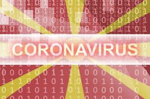 Macedonia flag and futuristic digital abstract composition with Coronavirus inscription. Covid-19 outbreak concept photo