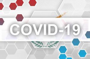 Cyprus flag and futuristic digital abstract composition with Covid-19 inscription. Coronavirus outbreak concept photo