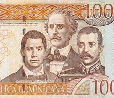 Francisco Del Rosario Sanchez portrait with Matias Ramon Mella and Juan Pablo Duarte depicted on old one hundred peso note photo