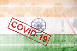 India flag and futuristic digital abstract composition with Covid-19 stamp. Coronavirus outbreak concept photo