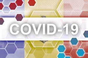 Moldova flag and futuristic digital abstract composition with Covid-19 inscription. Coronavirus outbreak concept photo