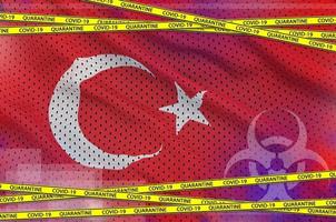 Turkey flag and Covid-19 quarantine yellow tape. Coronavirus or 2019-nCov virus concept photo