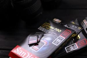 KHARKOV, UKRAINE - JANUARY 12, 2021 SanDisk Extreme pro sdhc 32gb new memory card for photo and video recording devices