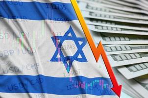Israel flag and chart falling US dollar position with a fan of dollar bills photo
