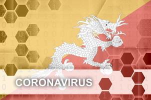 Bhutan flag and futuristic digital abstract composition with Coronavirus inscription. Covid-19 outbreak concept photo