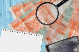 3 cuban pesos convertibles bills and magnifying glass with black purse and notepad. Concept of counterfeit money. Search for differences in details on money bills to detect fake photo