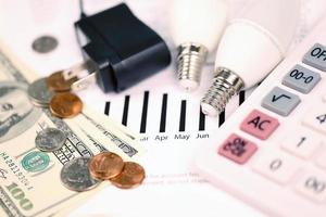 Abstract American electricity bill. Concept of saving money by using energy savings led light bulbs and electric bill payment photo