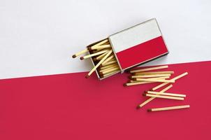 Poland flag  is shown on an open matchbox, from which several matches fall and lies on a large flag photo