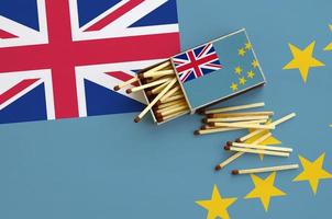 Tuvalu flag  is shown on an open matchbox, from which several matches fall and lies on a large flag photo