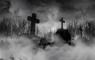 Halloween day concept. Cemetery or graveyard in the night with dark sky. Haunted cemetery. Spooky and creepy burial ground. Horror scene of graveyard. Funeral concept. Halloween day background. photo