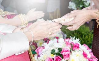 guest's hand holding conch shell pouring holy water to bless groom and bride photo