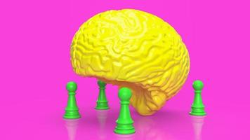 el cerebro amarillo y el ajedrez verde sobre fondo rosa 3d renderizado foto