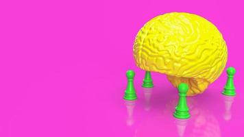 el cerebro amarillo y el ajedrez verde sobre fondo rosa 3d renderizado foto