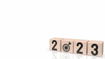 el número 2023 en cubo de madera para año nuevo o concepto de negocio representación 3d foto