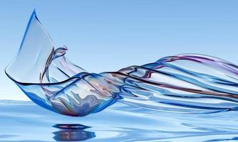 3d abstract glossy wavy background. Transparent glass ribbon flying on water reflection surface.  Iridescent realistic 3d high quality render photo