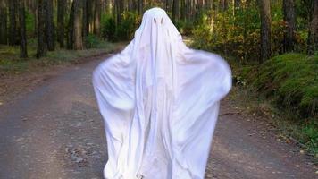 A child in sheets with cutout for eyes like a ghost costume dancing in an autumn forest scares and terrifies. A kind little funny ghost. Halloween Party, slow motion 4k video