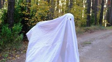 un niño en sábanas con ojos cortados como un disfraz de fantasma bailando en un bosque de otoño asusta y aterroriza. un pequeño fantasma amable y divertido. fiesta de halloween, cámara lenta 4k video