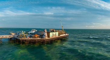 vista aérea del muelle del palacio de brighton, con el paseo marítimo detrás. foto