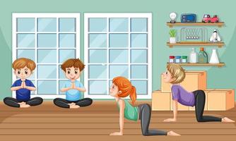 People doing yoga in yoga studio scene vector